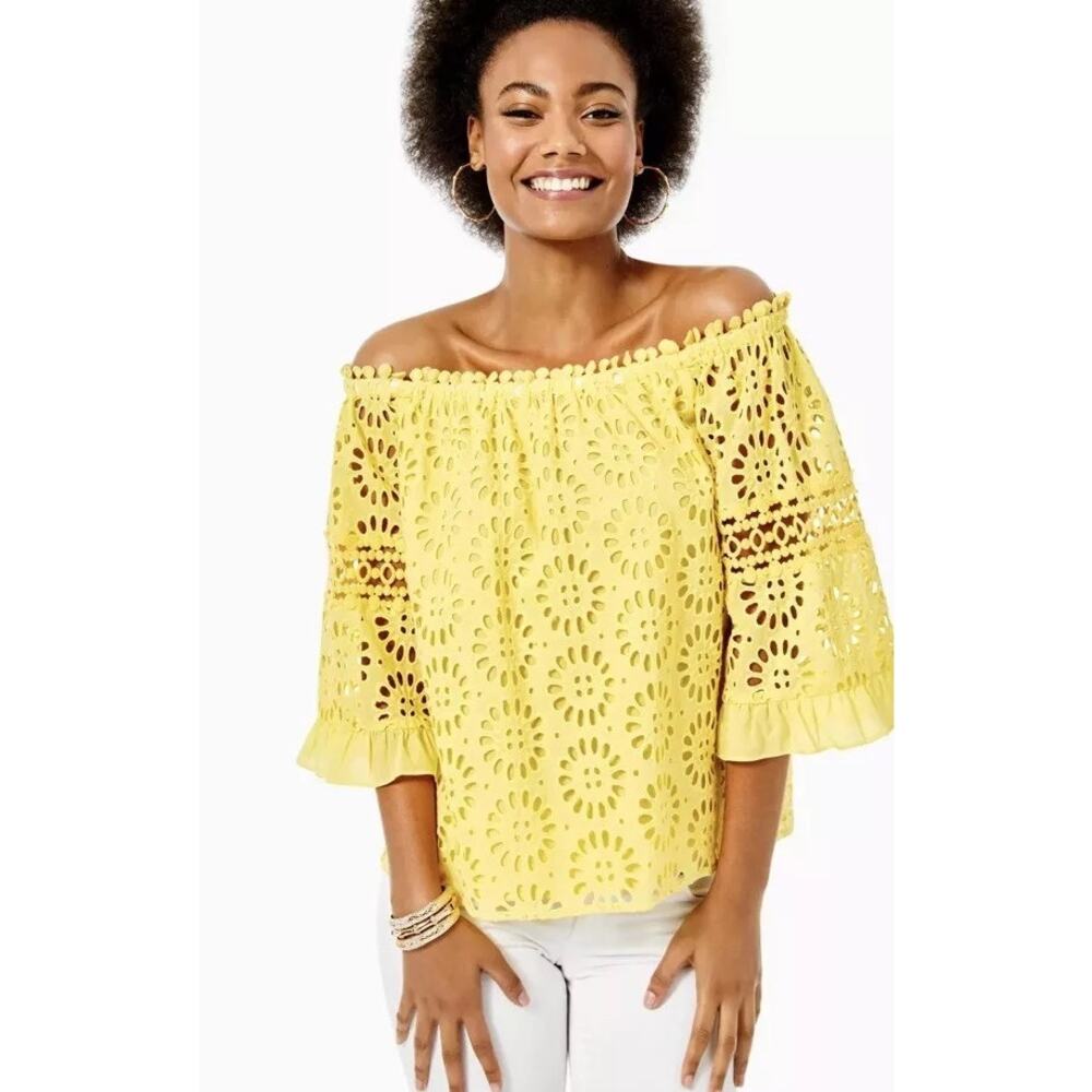 New Lilly Pulitzer Laurenne Off-The-Shoulder Eyelet Top Yellow Half Sleeve Sz M